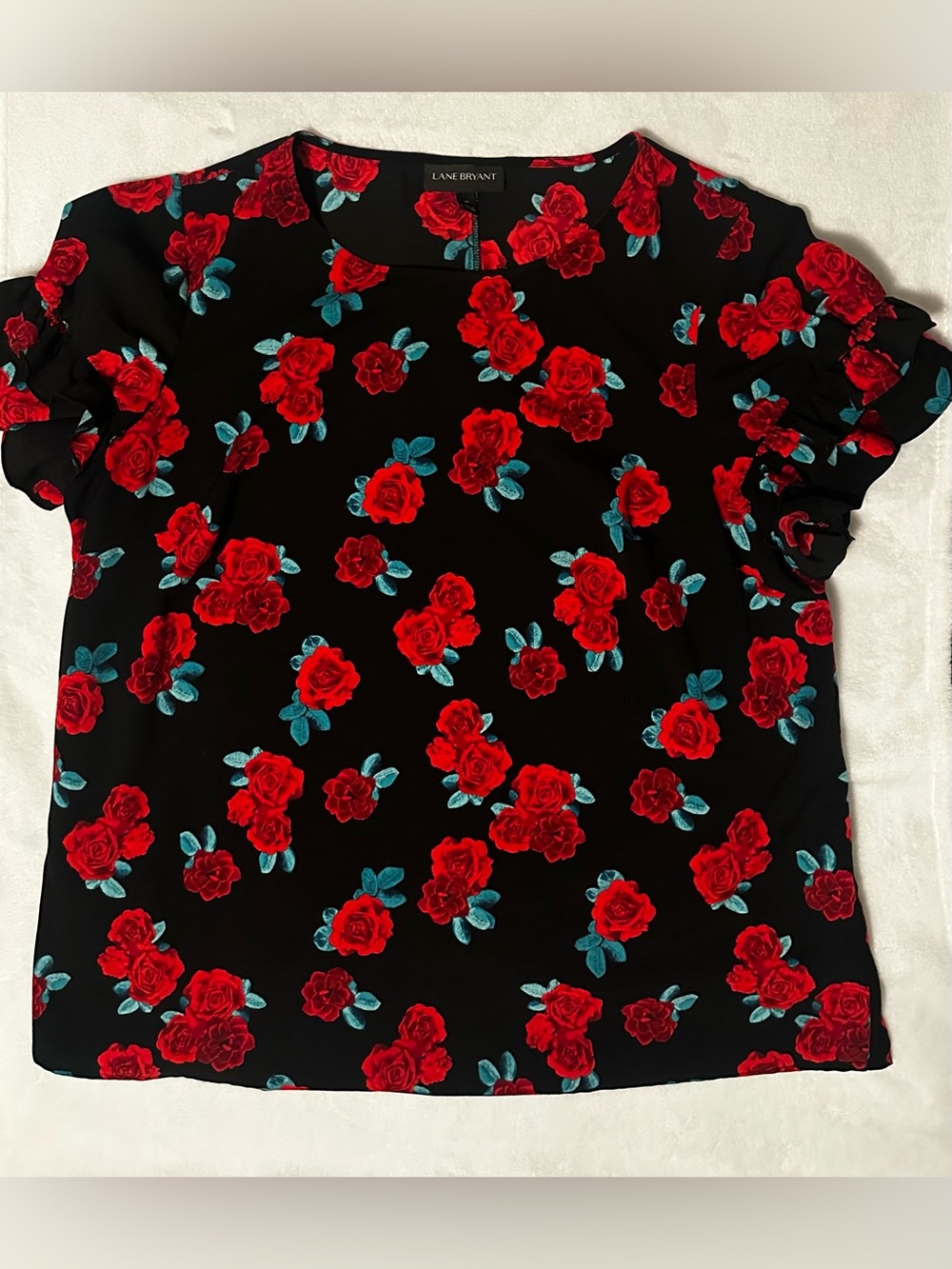 Size 14 Lane Bryant Black Top with Red Rose Print